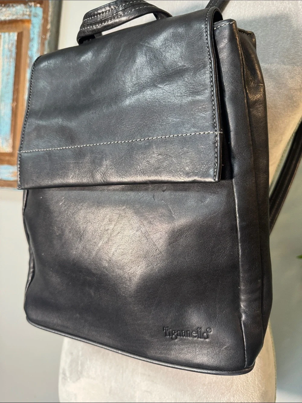Tignanello Black Leather bohemian Backpack with Structured Flap